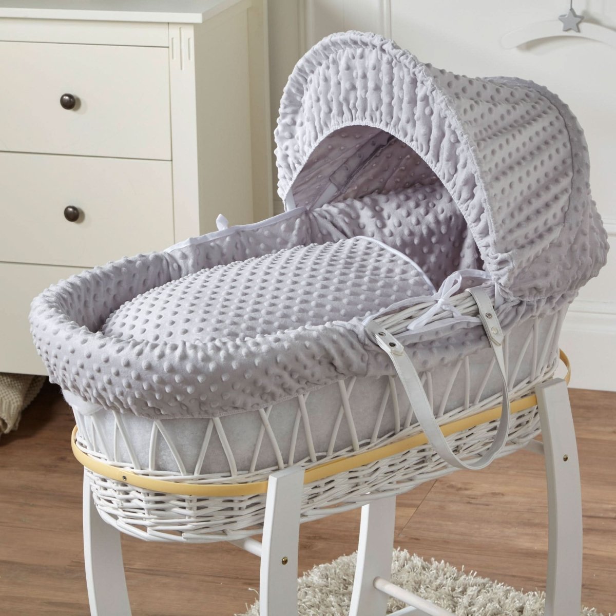 Grey Dimple White Wicker Baby Moses Basket With Stand - Wicker Moses Basket