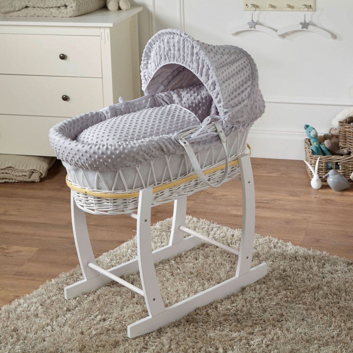 Grey Dimple White Wicker Baby Moses Basket With Stand - Wicker Moses Basket