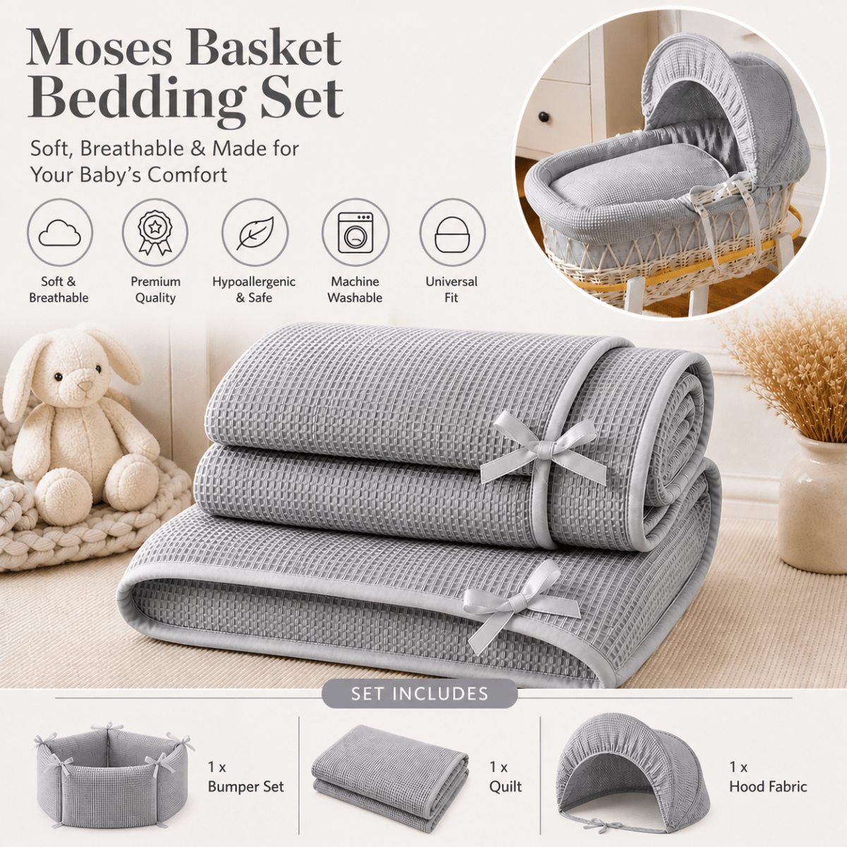 Grey Waffle Moses Basket Bedding Set (Basket Not Included!)