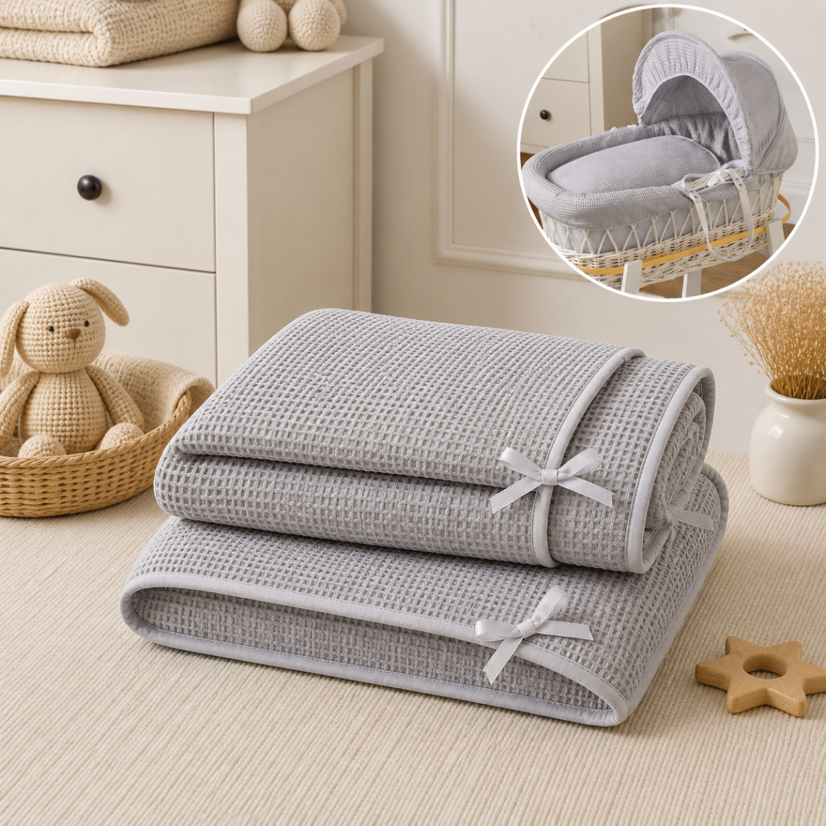 Grey Waffle Moses Basket Bedding Set (Basket Not Included!)-2
