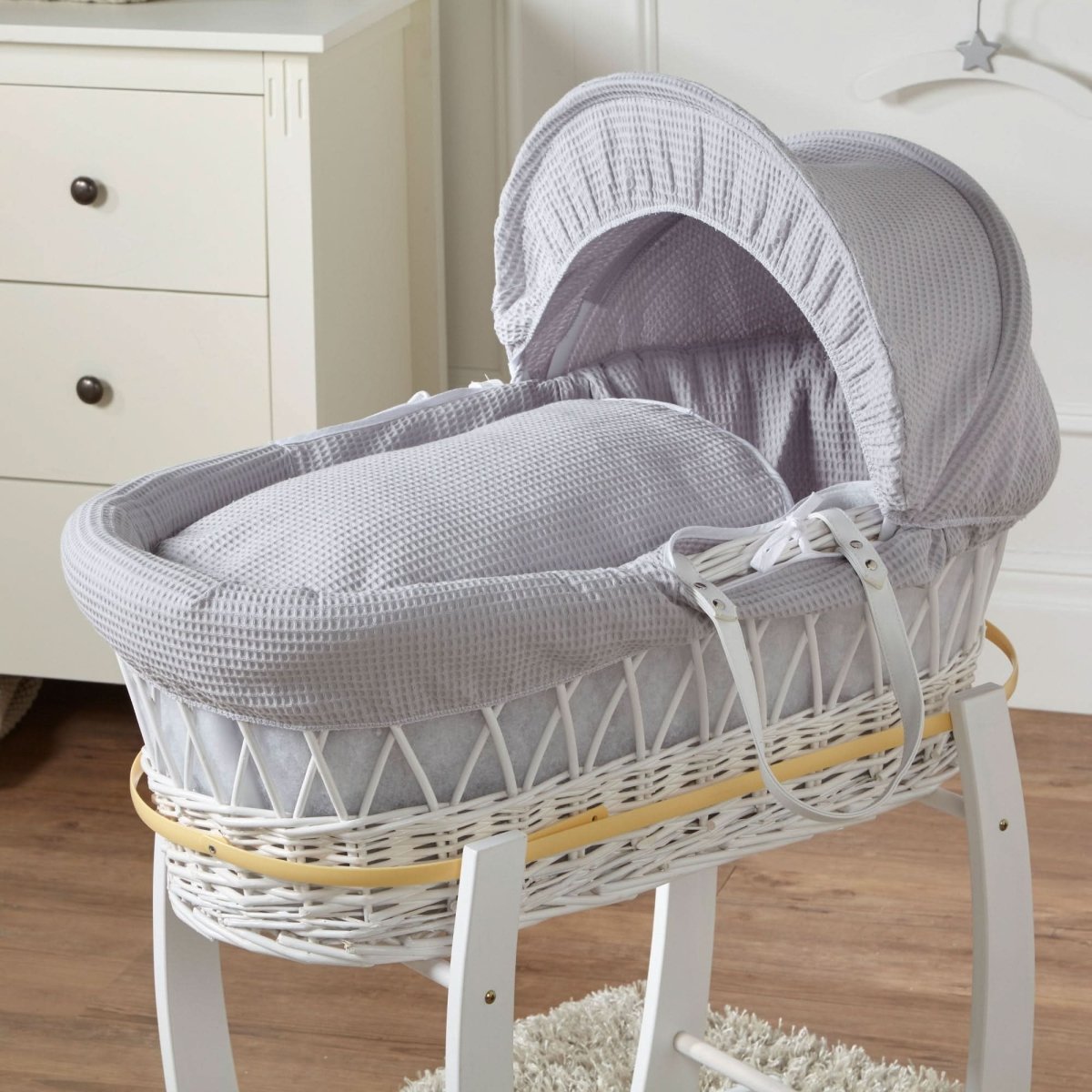 Grey Waffle White Wicker Baby Moses Basket With Stand - Wicker Moses Basket