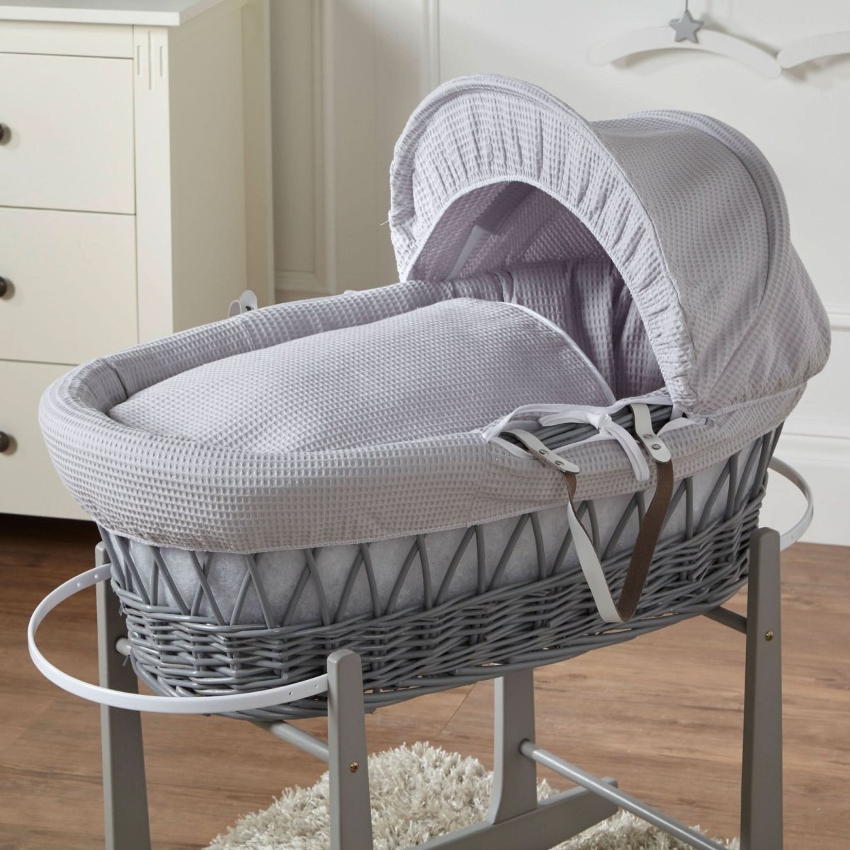 Grey Waffle Grey Wicker Baby Moses Basket With Stand-4