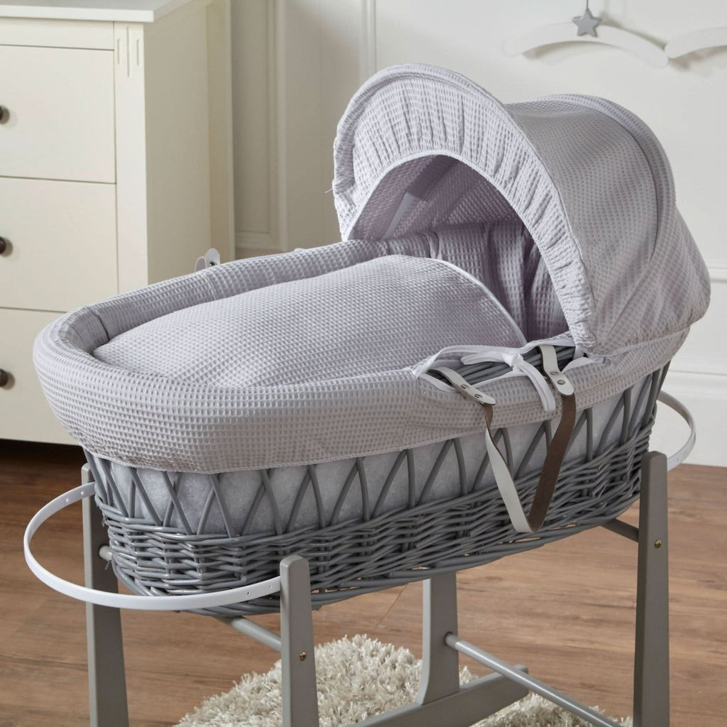 Grey Waffle Grey Wicker Baby Moses Basket With Stand - Wicker Moses Basket