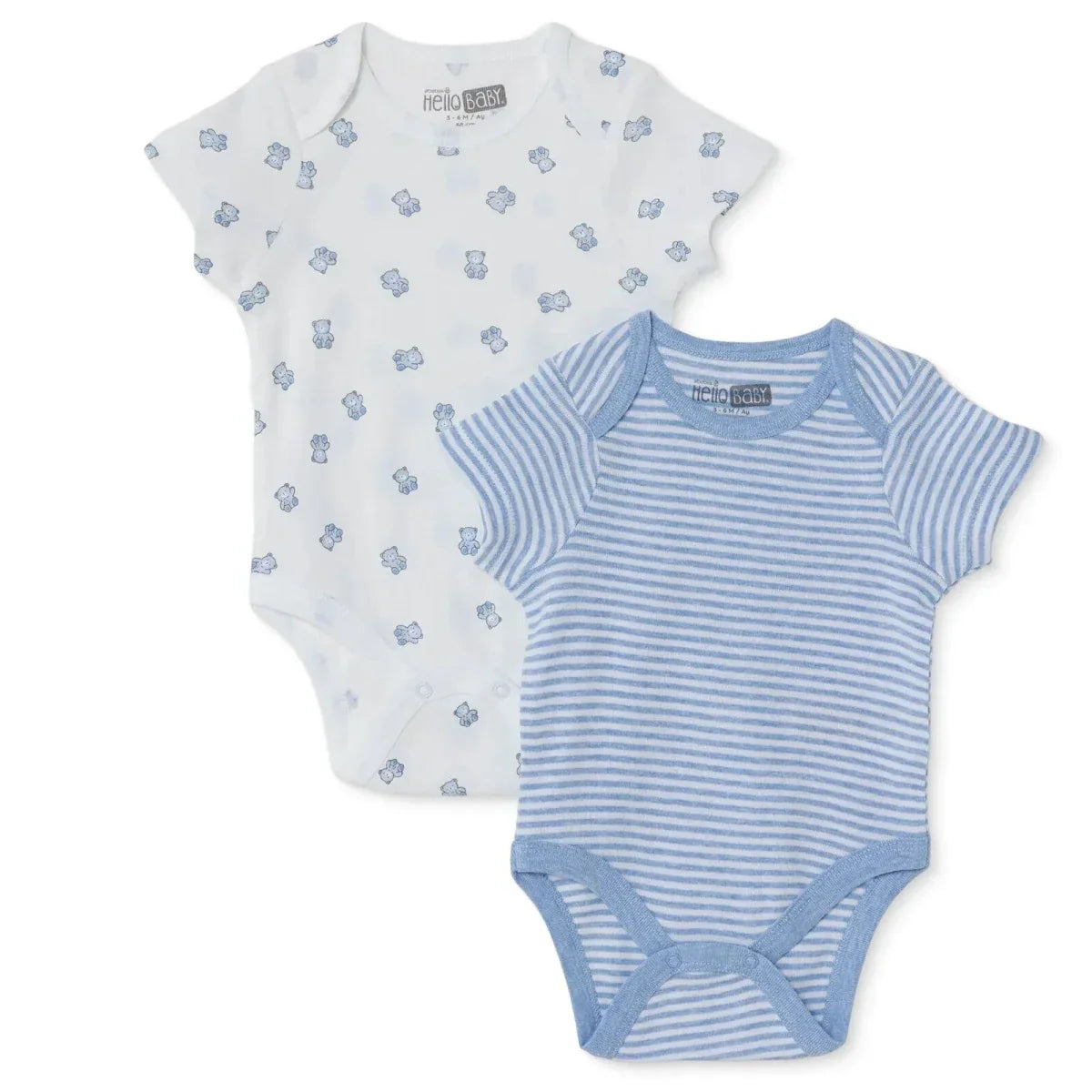 HelloBaby Boys 2-Pack Short Sleeve Bodysuits Striped with Poppers Envelope Neck Short Sleeve - Light Blue - Baby