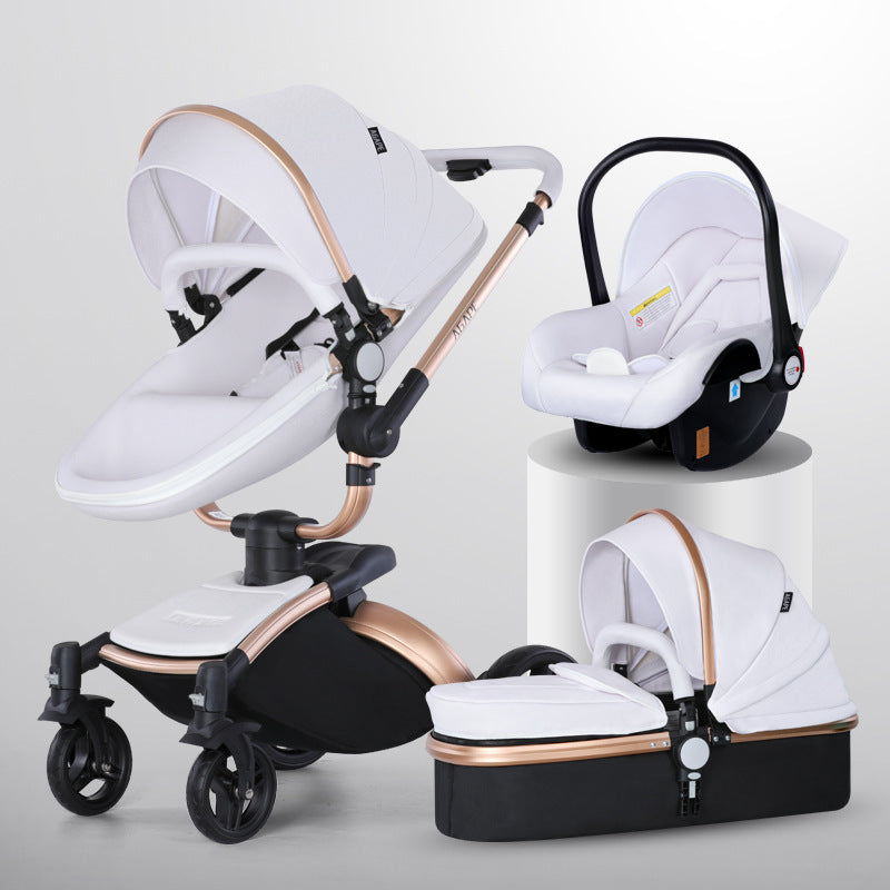 High Landscape Baby Stroller 360-degree Rotation 3-in-1 Basket Foldable - Gold Pole White 3in1