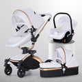 High Landscape Baby Stroller 360-degree Rotation 3-in-1 Basket Foldable - Gold Pole White 3in1