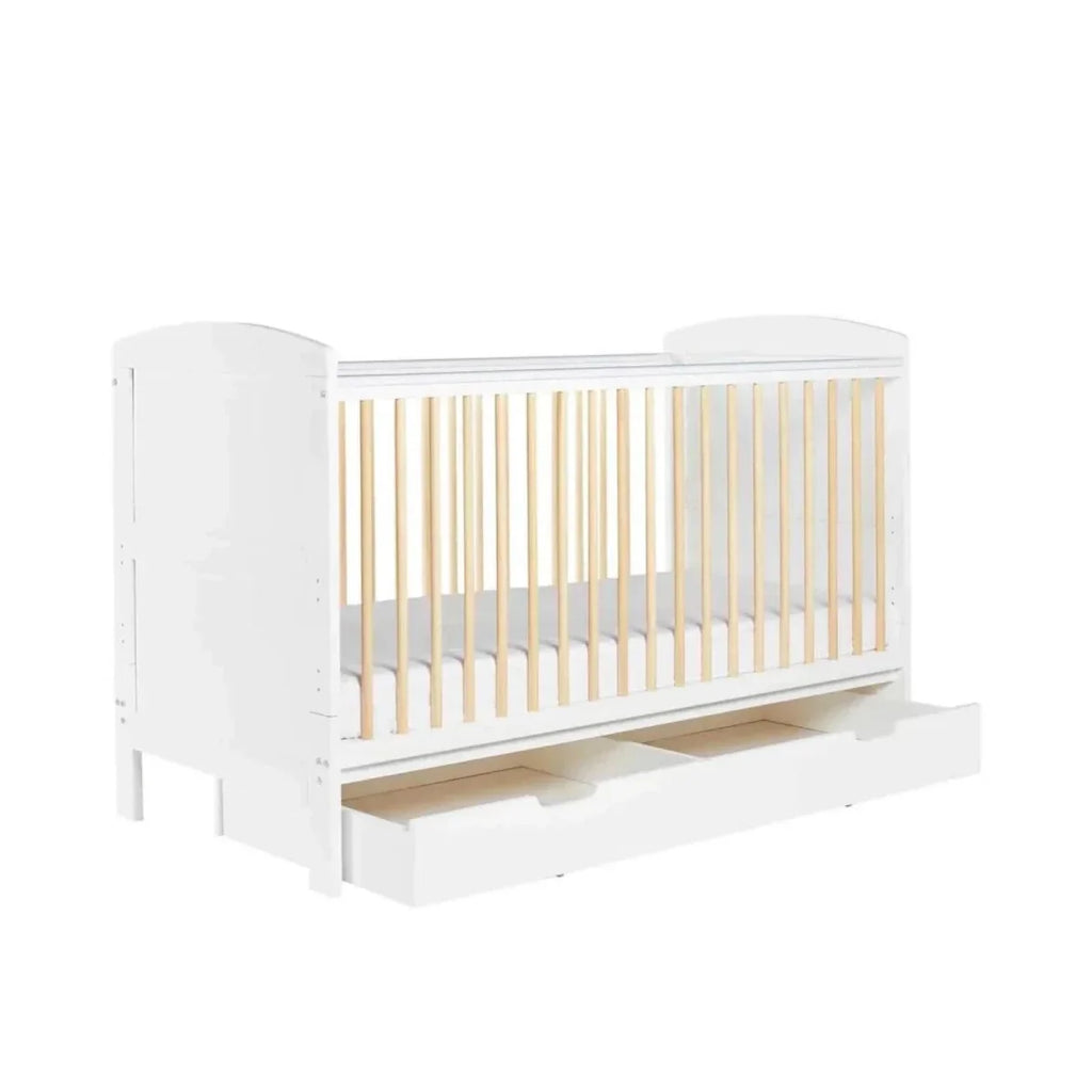 Ickle Bubba Coleby Scandi Cot Bed with Under Drawer Scandi White - Fibre Mattress - Fibre Mattress - Convertible Baby