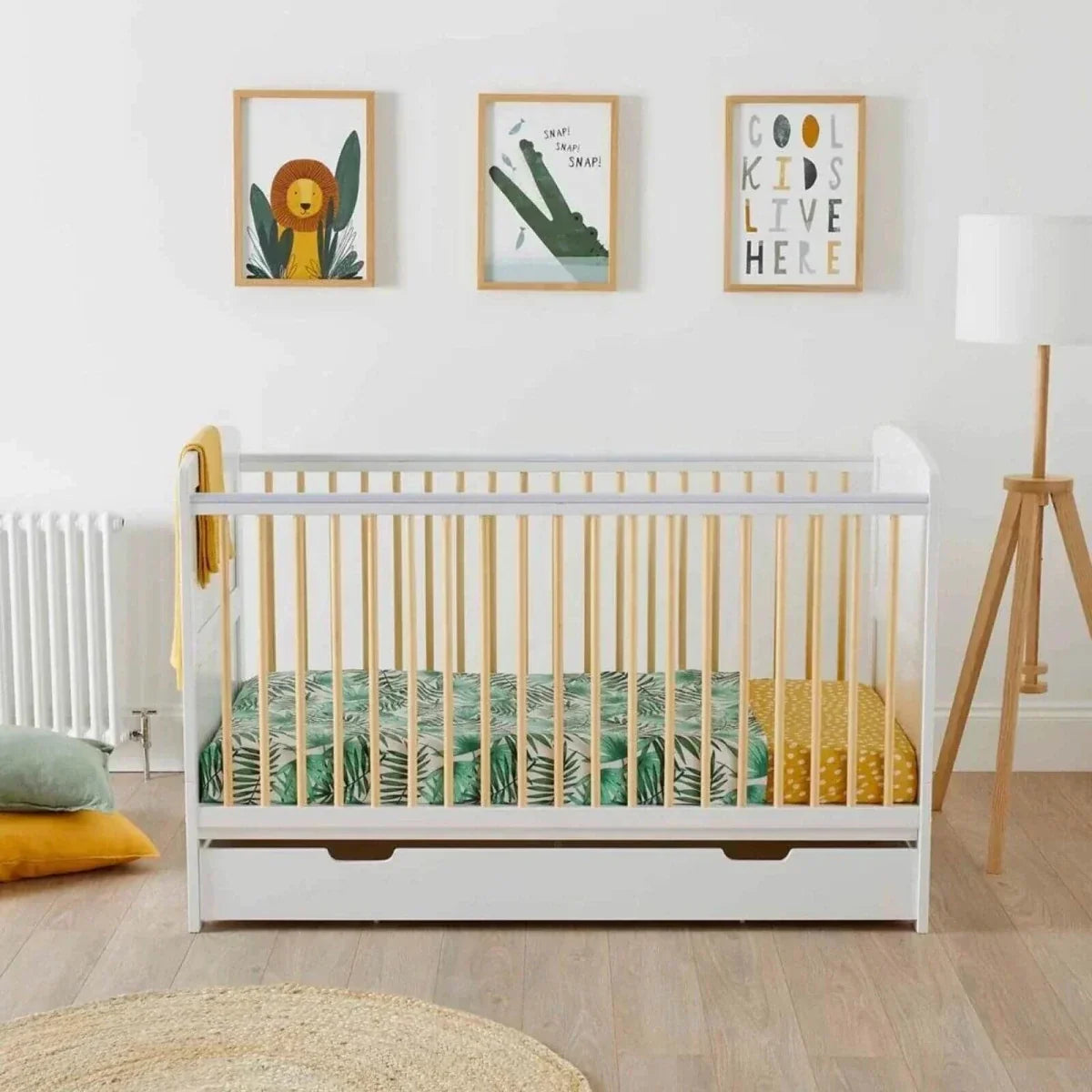 Ickle Bubba Coleby Scandi Cot Bed with Under Drawer Scandi White - Fibre Mattress - Fibre Mattress - Convertible Baby