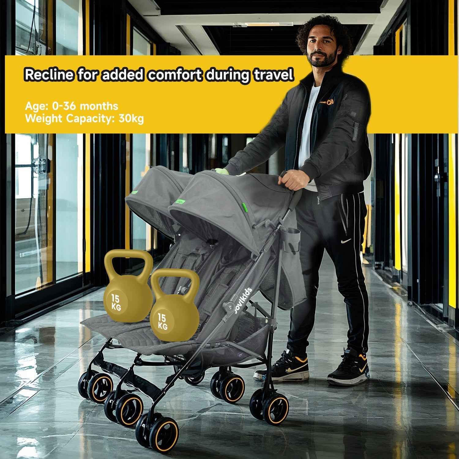 Jovikids Ezra Twin Double Stroller - Grey - Double Pushchair