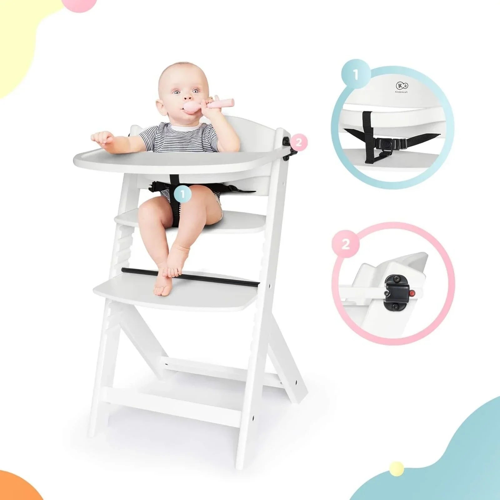Kinderkraft Enock Wooden Highchair - White - White - Highchairs