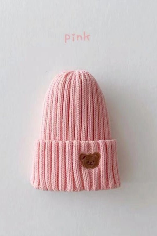 Knitted Bear Beanie Hats Multiple Colours - Pink - Hats