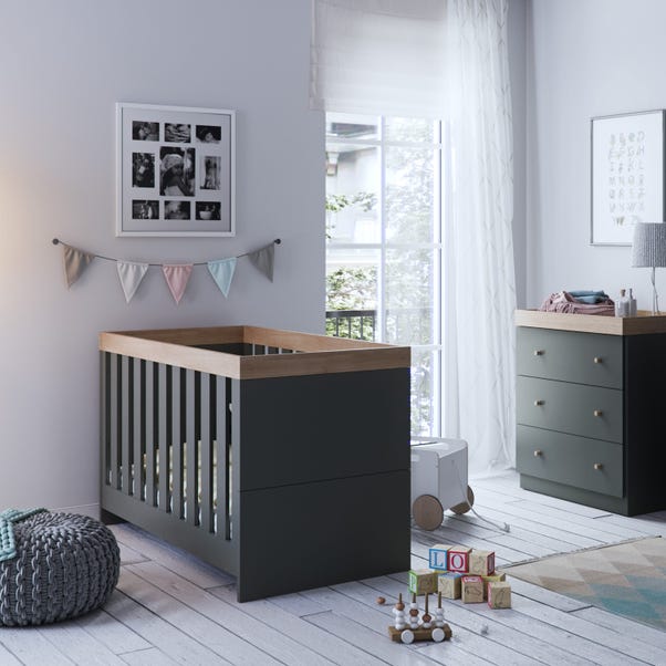 Little Acorns Burlington 2 Piece Nursery Furniture Set with Cot Bed and Dresser - Anthracite Grey & Oak - Nursery
