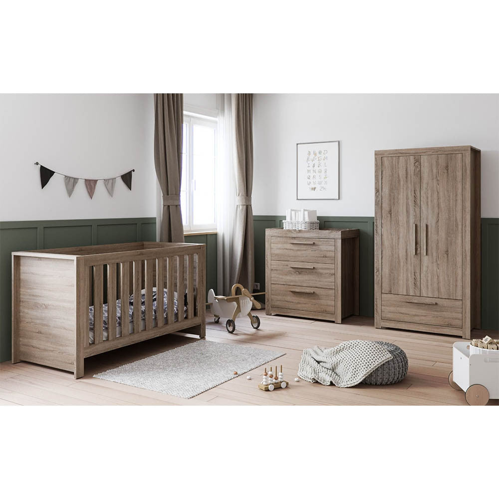 Little Acorns Ellesmere 3 Piece Nursery Furniture Set with Cot Bed Under Drawer Dresser and Wardrobe - Truffle Oak