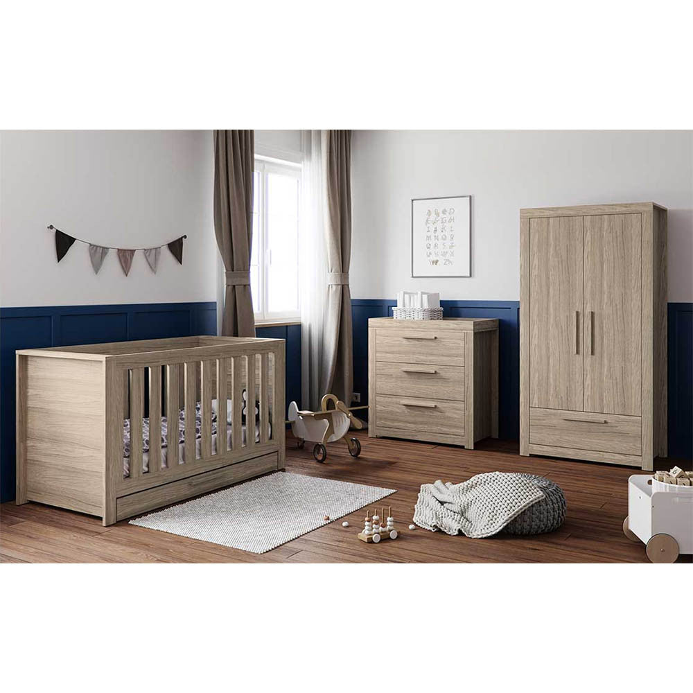 Little Acorns Ellesmere 3 Piece Nursery Furniture Set with Cot Bed Under Drawer Dresser and Wardrobe - Grey Ash