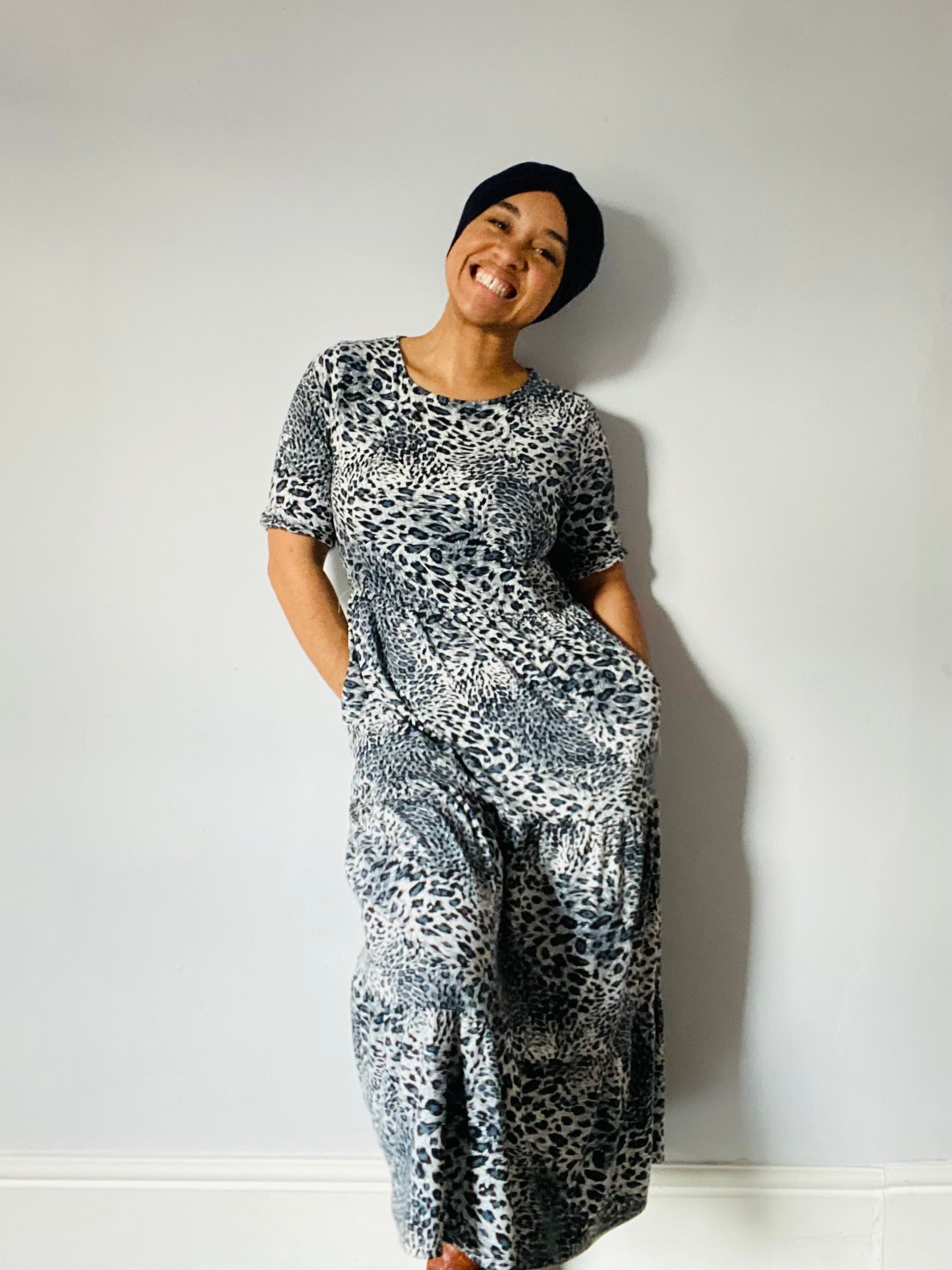 The Midi Breastfeeding Dress - Grey Leopard Cotton-3