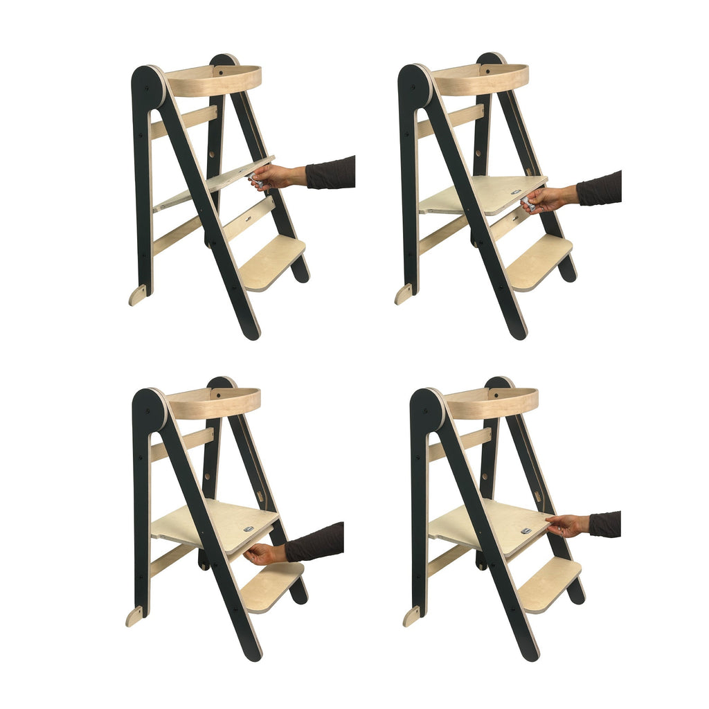 MamaToyz Folding Learning Tower Natural Beech Wood Montessori Child Safety Platform - Dark Grey / Natural - Learning