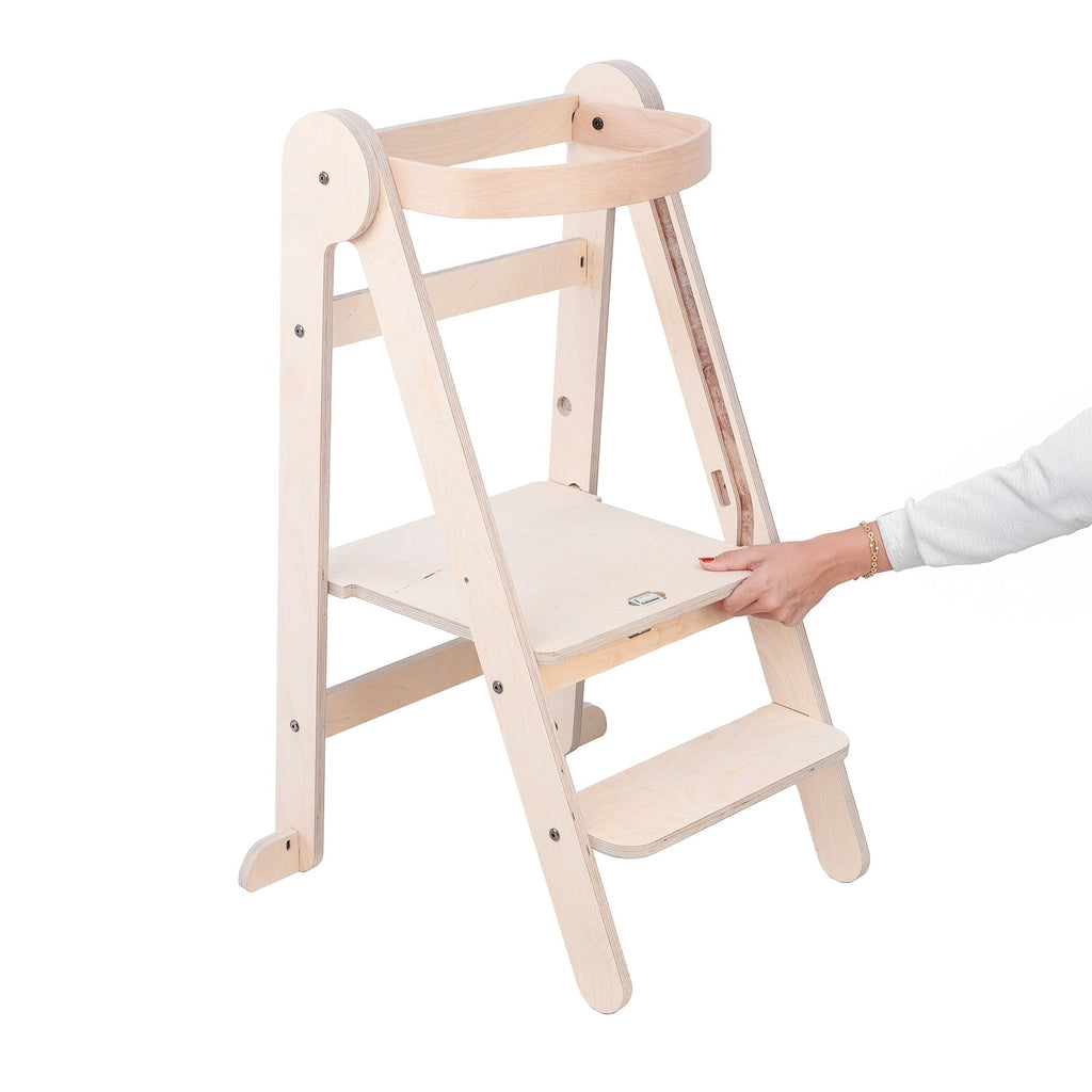 MamaToyz Folding Learning Tower - Natural Beech Wood Montessori Child Safety Platform - Learning Tower