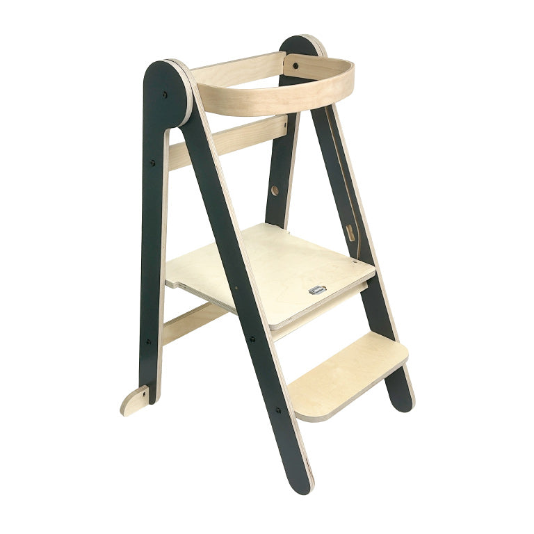 MamaToyz Folding Learning Tower Natural Beech Wood Montessori Child Safety Platform - Dark Grey / Natural - Learning