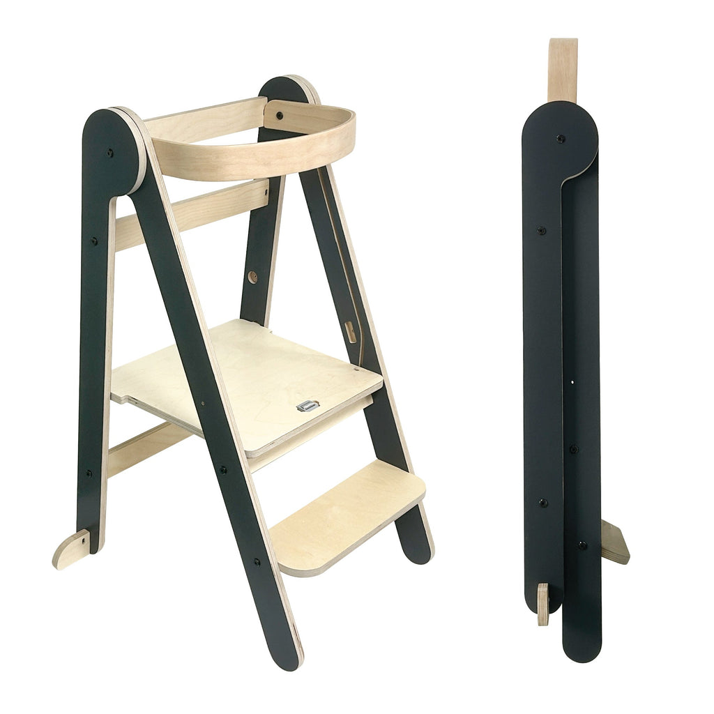 MamaToyz Folding Learning Tower Natural Beech Wood Montessori Child Safety Platform - Dark Grey / Natural - Learning