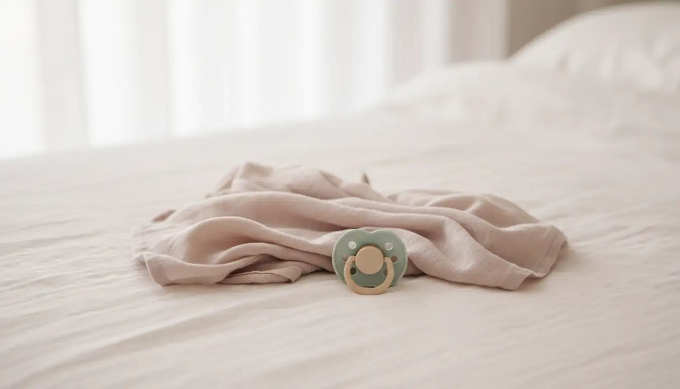 A mint green pacifier with a natural wood-colored handle rests on a soft, muted pink blanket.