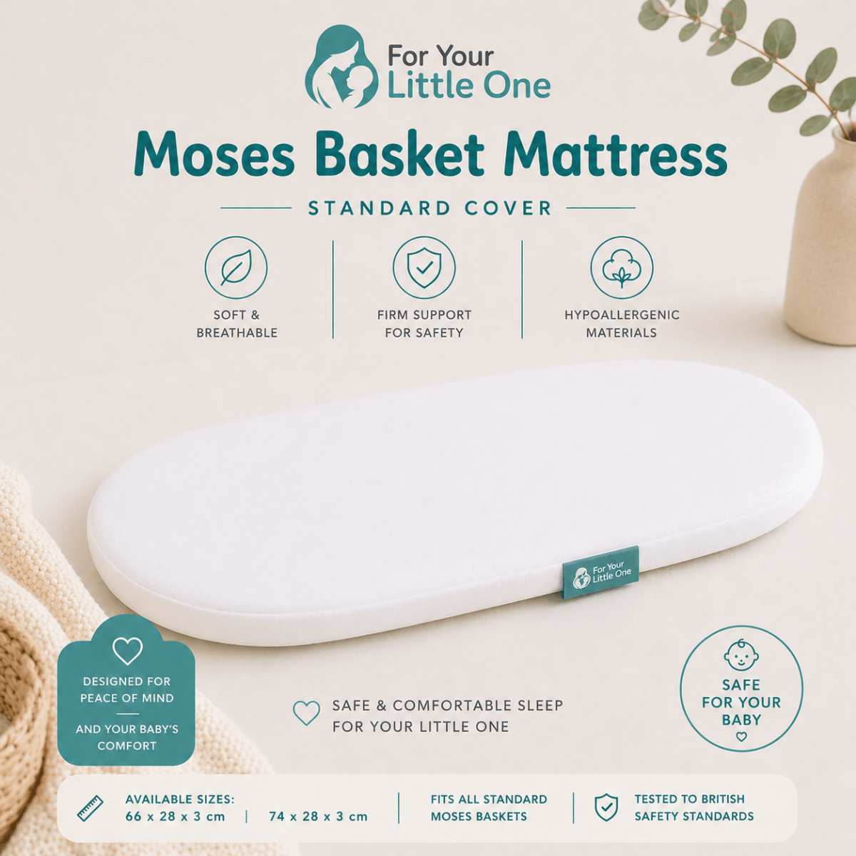 Moses Basket Mattress 66 x 28 x 3 cm-1