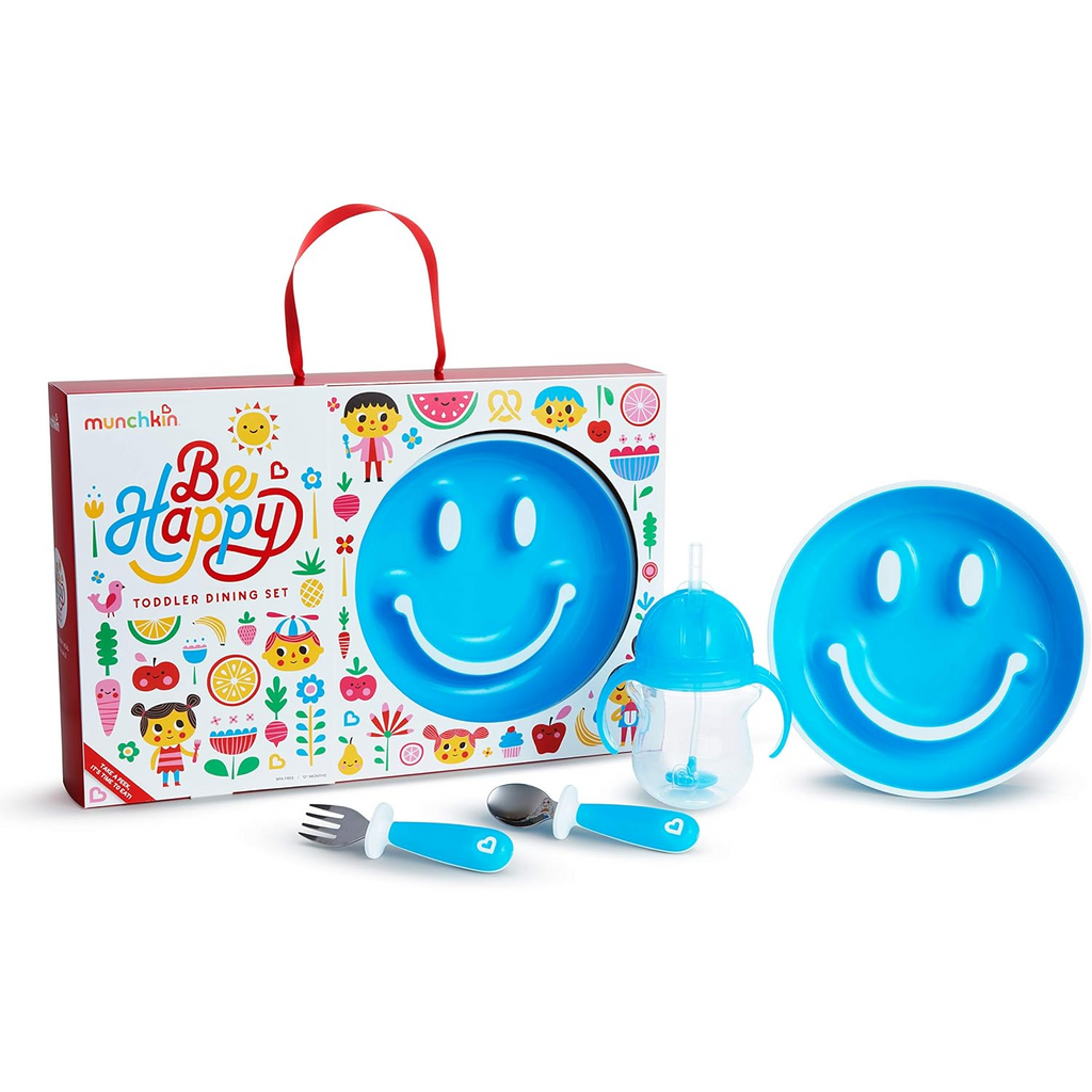 Munchkin Be Happy Toddler Dining Set Includes Suction Plate Straw Cup and Utensil Set - Blue - Cutlery