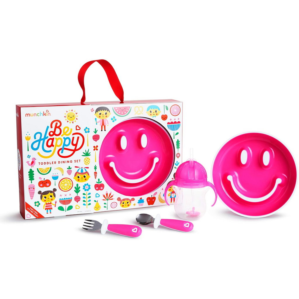 Munchkin Be Happy Toddler Dining Set Includes Suction Plate Straw Cup and Utensil Set - Pink - Cutlery