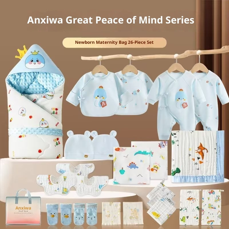 Maternity Bag Newborn Swaddle Bath Towel Clothing Set - Blue And White / Autumn And Winter