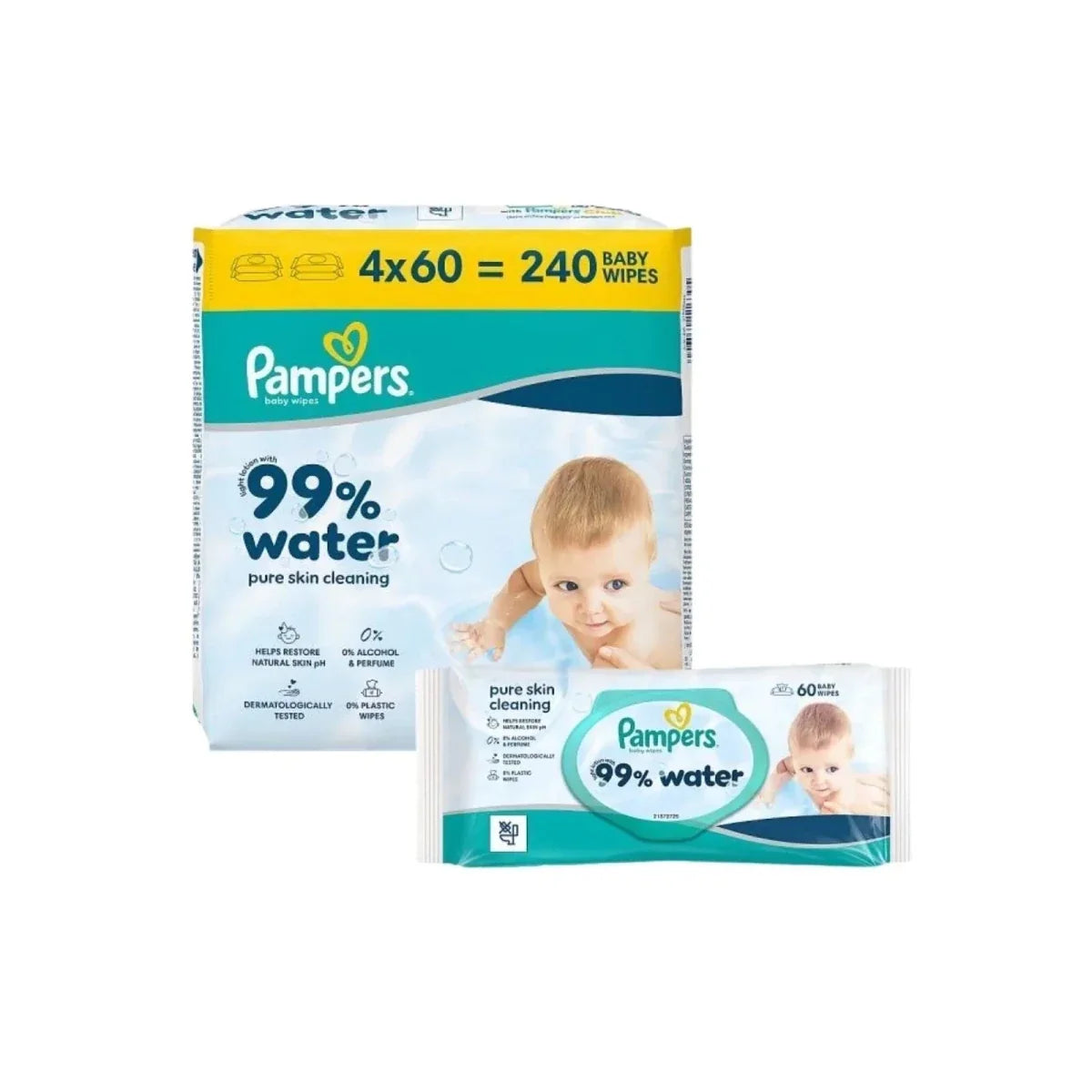 Pampers 99% Water Plastic Free Baby Wipes 4x60 pcs - Baby Wipes