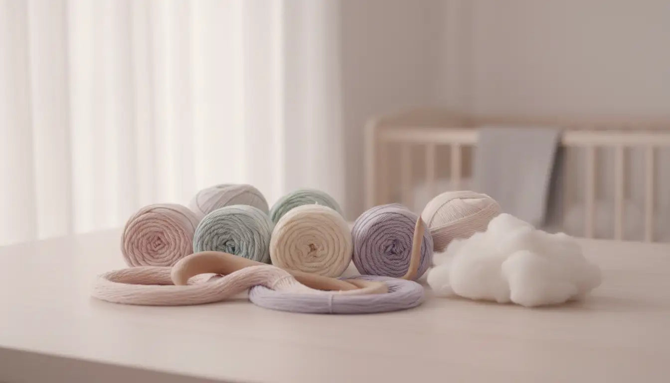 Pastel-colored yarn skeins in soft pink, mint green, cream, and lavender hues arranged neatly on a table.