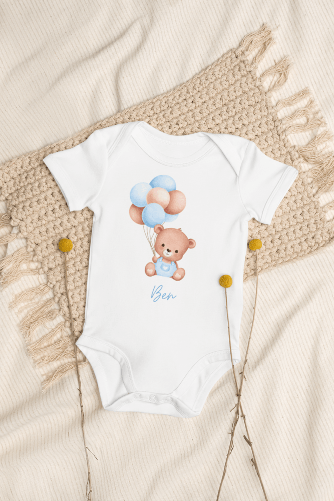 Personalised Name Bear Blue Baloon Bodysuit - Bodysuits