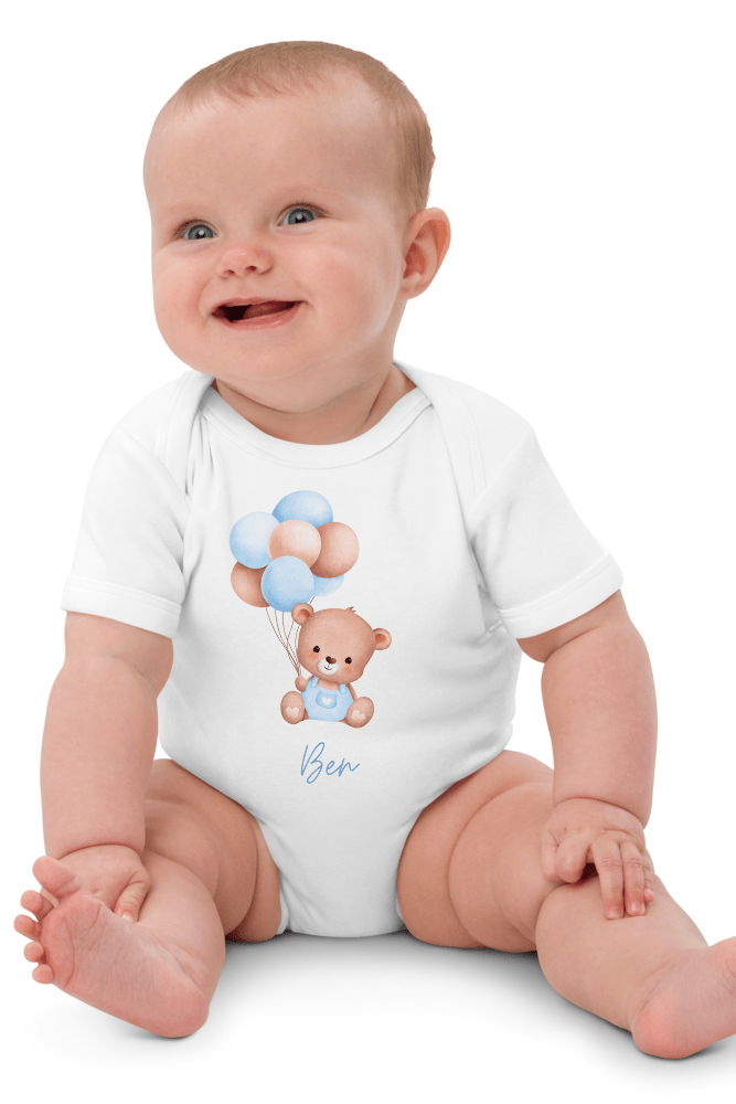 Personalised Name Bear Blue Baloon Bodysuit - Bodysuits