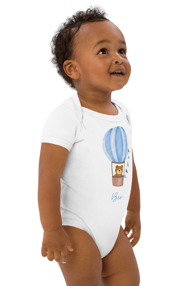 Personalised Name Bear Blue Hot Air Baloon Bodysuit - Bodysuits
