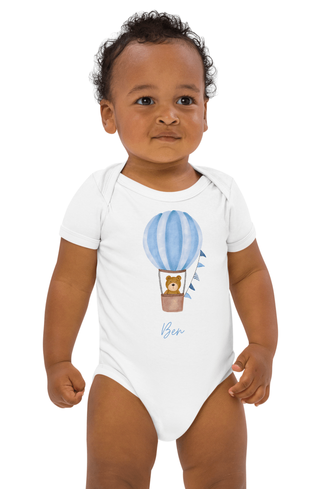 Personalised Name Bear Blue Hot Air Baloon Bodysuit - Bodysuits