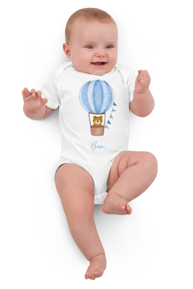 Personalised Name Bear Blue Hot Air Baloon Bodysuit - Bodysuits