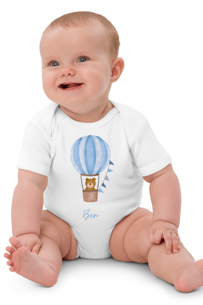 Personalised Name Bear Blue Hot Air Baloon Bodysuit - Bodysuits