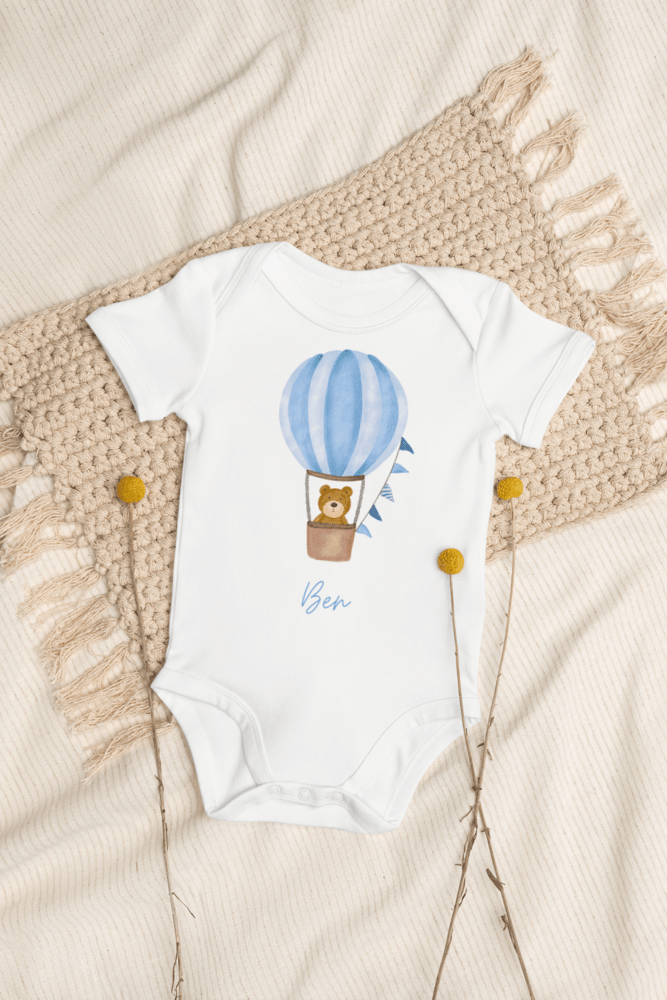 Personalised Name Bear Blue Hot Air Baloon Bodysuit - Bodysuits