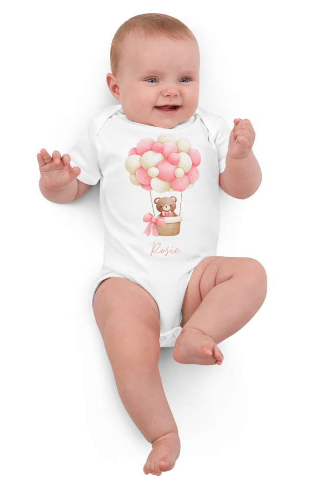 Personalised Name Bear Pink Hot Air Baloon Bodysuit - Bodysuits