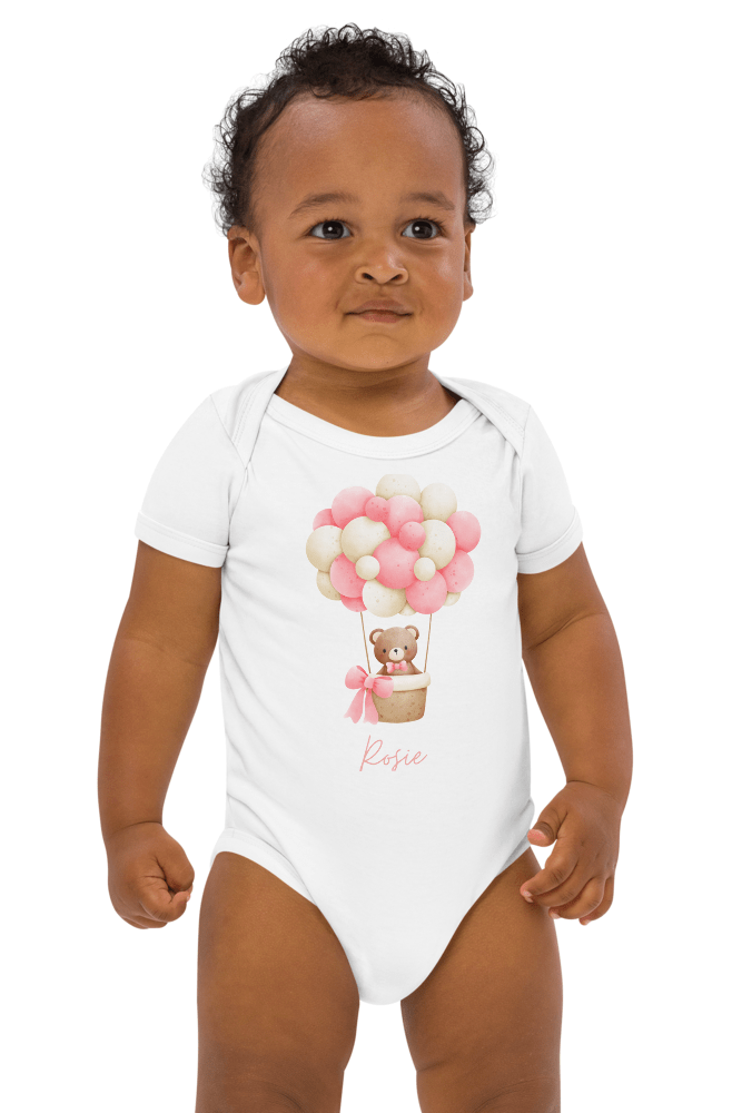 Personalised Name Bear Pink Hot Air Baloon Bodysuit - Bodysuits