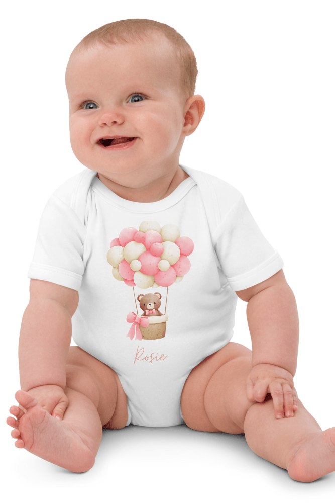 Personalised Name Bear Pink Hot Air Baloon Bodysuit - Bodysuits