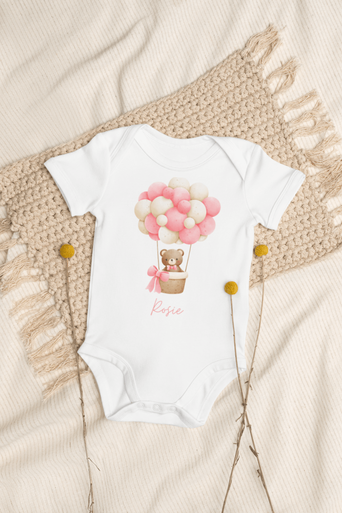 Personalised Name Bear Pink Hot Air Baloon Bodysuit - Bodysuits