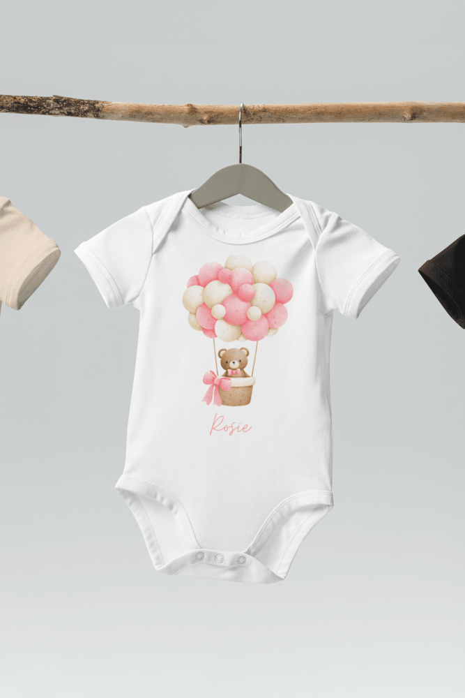 Personalised Name Bear Pink Hot Air Baloon Bodysuit - Bodysuits