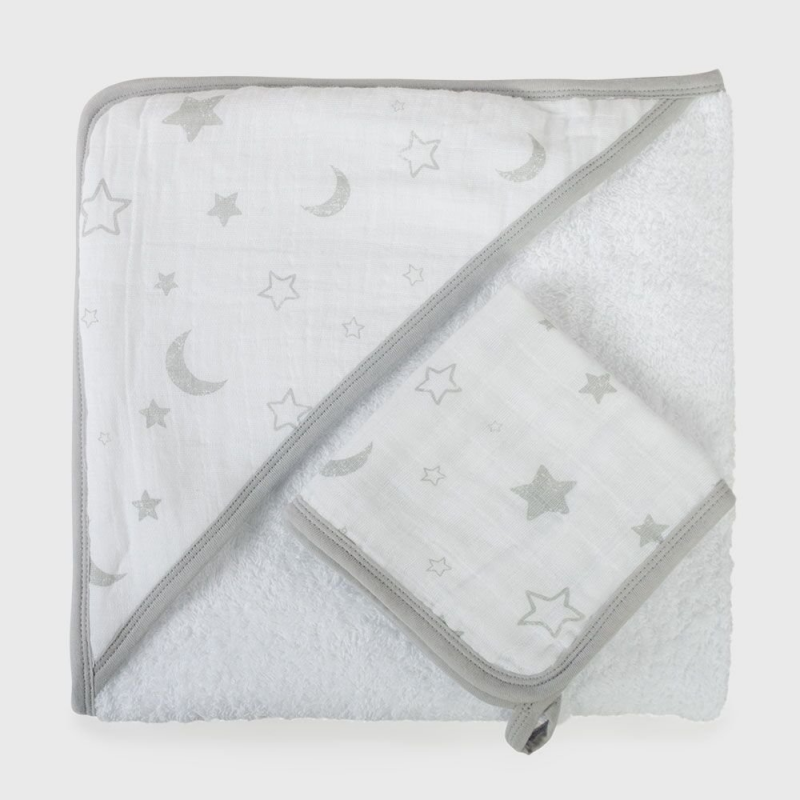 Petite Piccolo Hooded Bath Towel & Washcloth Set – Moon & Stars - Towel / Robe