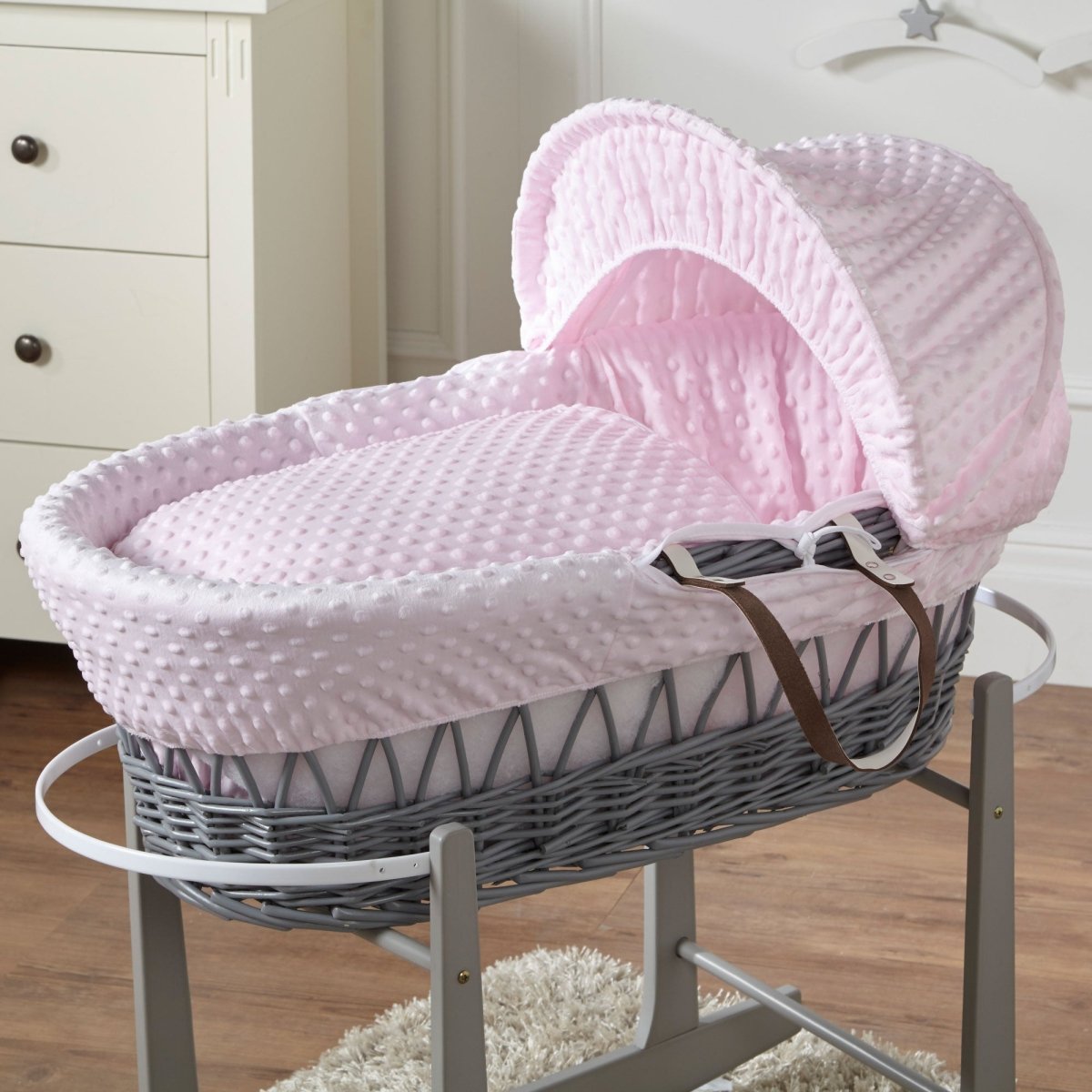 Pink Dimple Grey Wicker Baby Moses Basket With Stand - Wicker Moses Basket