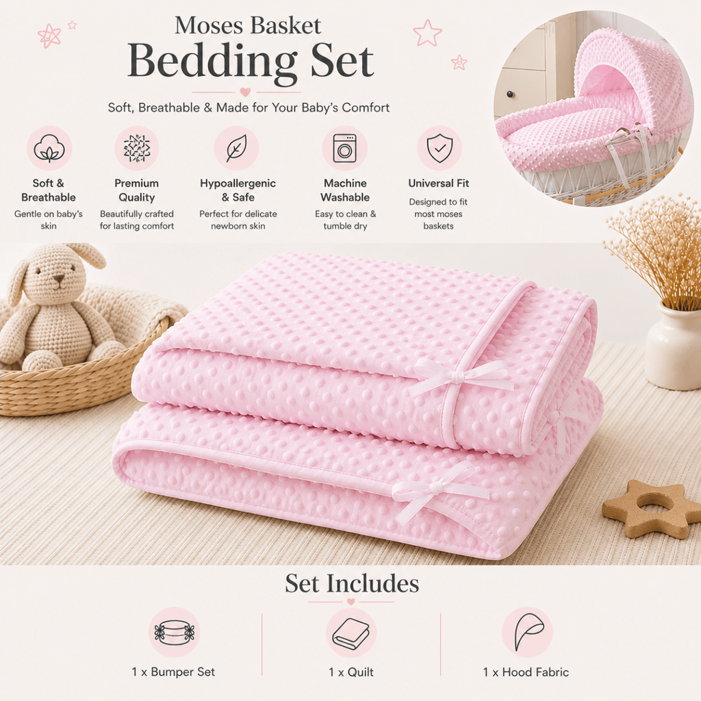 Pink Dimple Moses Basket Bedding Set (Basket Not Included!)