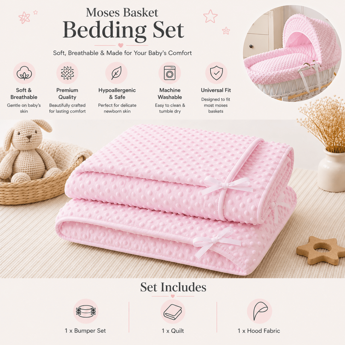 Pink Dimple Moses Basket Bedding Set (Basket Not Included!)