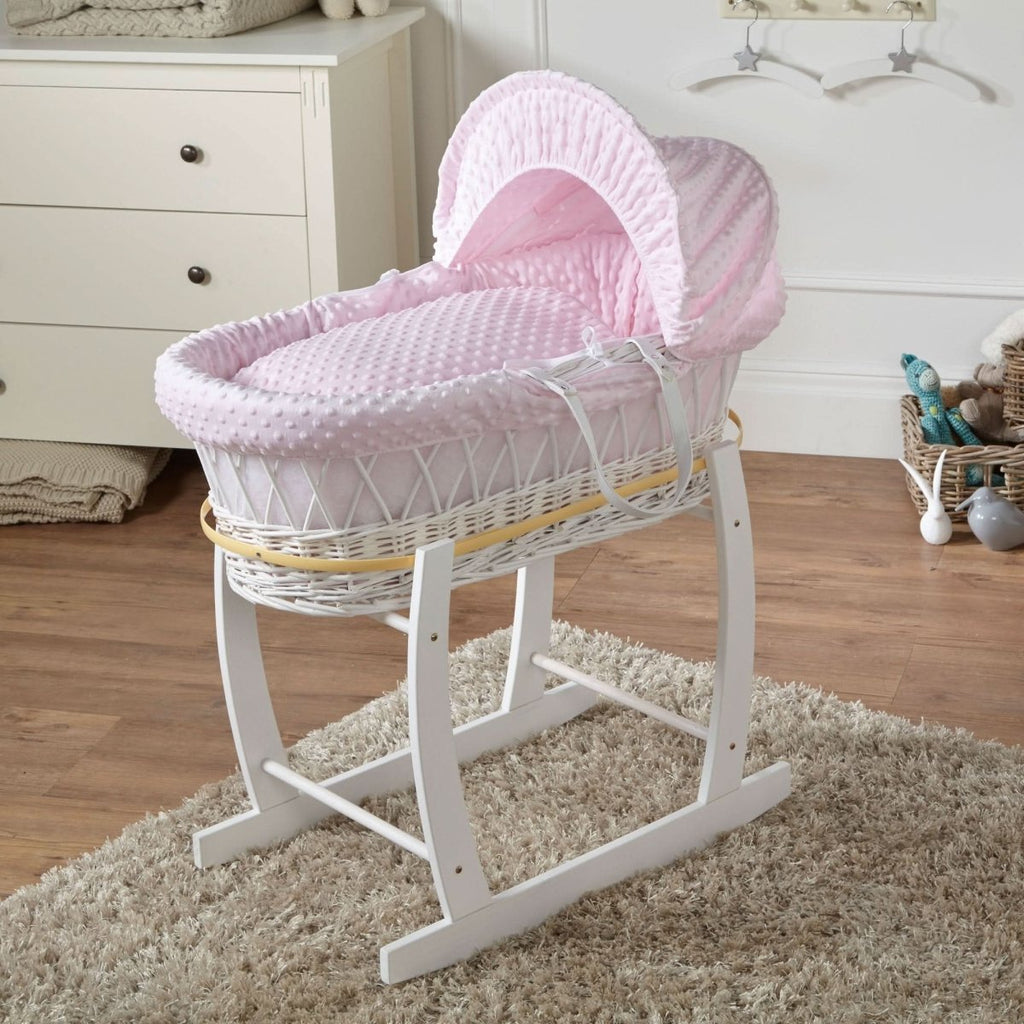 Pink Dimple White Wicker Baby Moses Basket With Stand-0