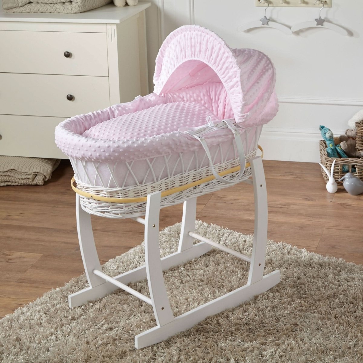 Pink Dimple White Wicker Baby Moses Basket With Stand - Wicker Moses Basket