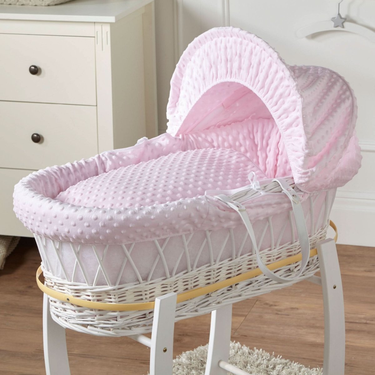 Pink Dimple White Wicker Baby Moses Basket With Stand - Wicker Moses Basket