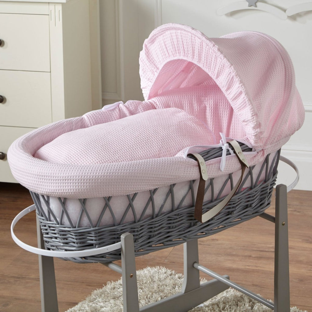 Pink Waffle Grey Wicker Baby Moses Basket With Stand - Wicker Moses Basket